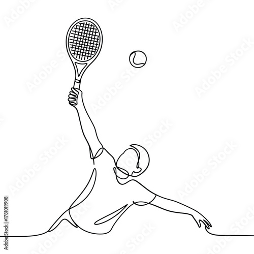 Dynamic line drawing of a tennis player executing a powerful serve in mid air