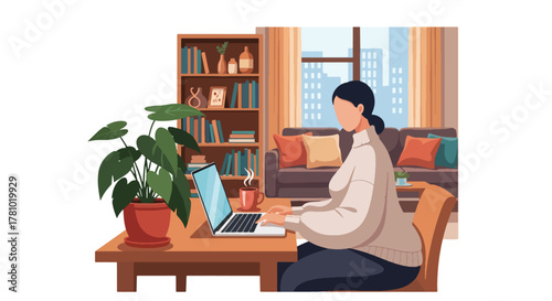 Remote worker using laptop in cozy home office. Solid flat vector style, ideal for remote-work articles, blogs, and productivity apps