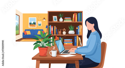 Remote worker using laptop in cozy home office. Solid flat vector style, ideal for remote-work articles, blogs, and productivity apps