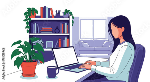 Remote worker using laptop in cozy home office. Solid flat vector style, ideal for remote-work articles, blogs, and productivity apps