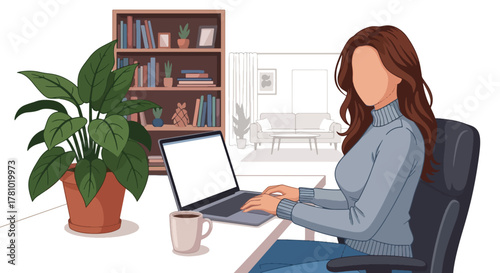Remote worker using laptop in cozy home office. Solid flat vector style, ideal for remote-work articles, blogs, and productivity apps