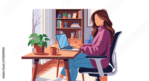 Remote worker using laptop in cozy home office. Solid flat vector style, ideal for remote-work articles, blogs, and productivity apps