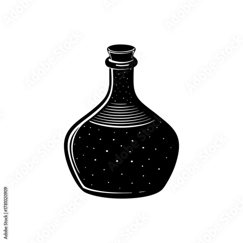 Vintage ink drawing of old potion bottle or glass flask on white
