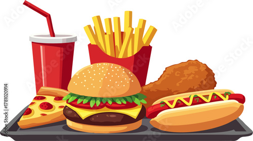 Cartoon Fast Food Tray with Burger, Fries, Pizza, Fried Chicken, Hot Dog, and Soda Vector Illustration Isolated