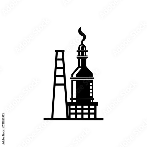 Industrial factory refinery plant icon with chimney and fire logo