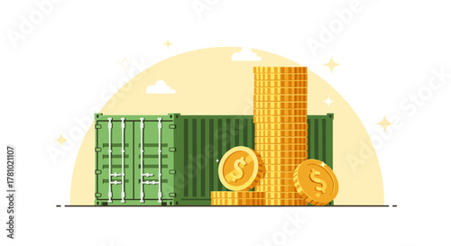 Green shipping containers and stacks of gold coins are depicted in this illustration, symbolizing international trade and financial growth in global commerce.