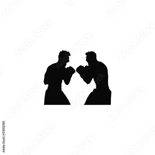 Two silhouetted boxers facing each other in a boxing stance ready to fight