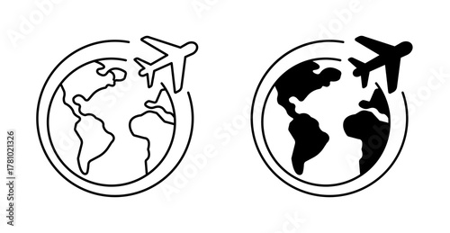 Globe with Airplane Icon, Travel, Flight, and World Tourism Symbol Vector