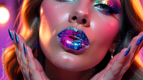 Sexy girl with lips and nail polish with vibrant, bold, glossy, and reflective iridescent mosaic retro 70s disco theme in pink, blue, purple, and yellow blows a kiss towards the camera