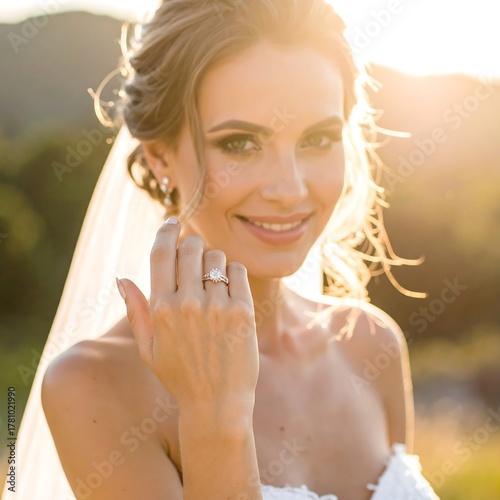 Beautiful woman showing off ring, wearing veil, backlit