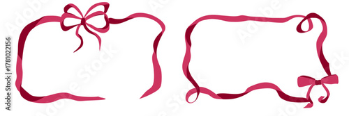 Coquette ribbon bow frame for vintage girly card. Pink vector decor for birthday invite or Christmas party. Pretty whimsical invitation with feminine ballet bowknot set. Retro fancy template.