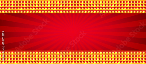 Marquee light sign billboard. Circus or cinema stripe background. Retro movie frame on starburst bg. Casino, theatre lightbox with vintage lamp. Abstarct neon bulb strip banner with line for showtime.