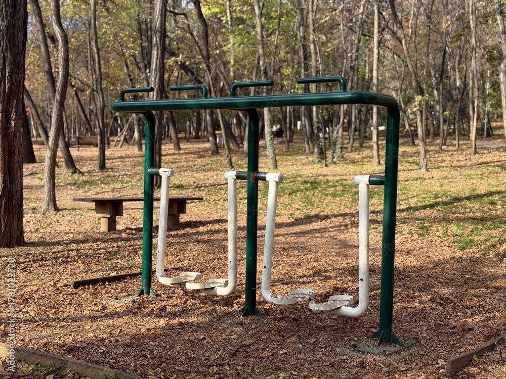 Fototapeta premium Outdoor stepper machines in park. Balance, coordination, and strength expressing active recreation and outdoor wellness.