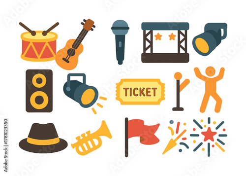 Music concert icons: instruments, stage, lights, microphone, and celebration elements