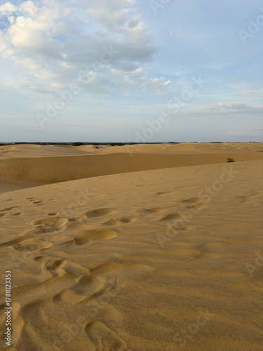 Footprints in the dunes at sunset - Desert landscape with traces of human exploration
