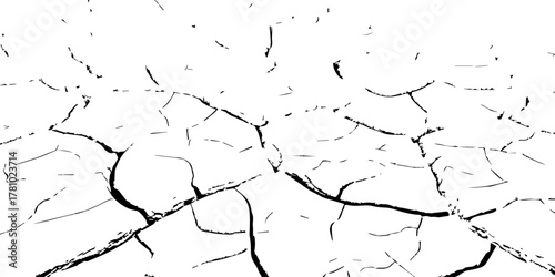 High contrast black and white cracked dry soil texture background, drought earth surface pattern, environmental disaster concept, abstract broken ground detail, climate change nature illustration.