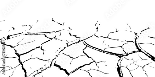 High contrast black and white cracked dry soil texture background, drought earth surface pattern, environmental disaster concept, abstract broken ground detail, climate change nature illustration.
