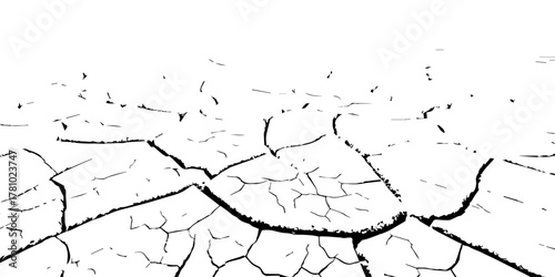 High contrast black and white cracked dry soil texture background, drought earth surface pattern, environmental disaster concept, abstract broken ground detail, climate change nature illustration.