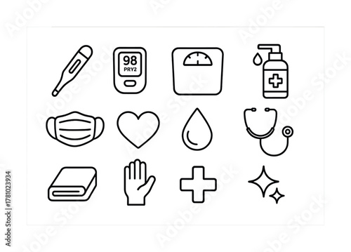 Healthcare and wellness icons: mask, thermometer, stethoscope, heart, hand sanitizer, scale