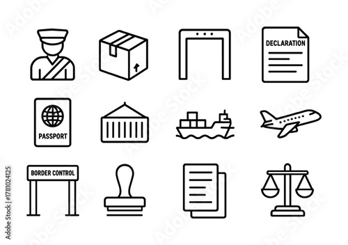 Border control and travel icon set: passport, customs, security, logistics, transportation