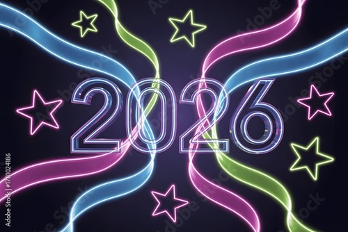 Celebrate the New Year with vibrant 2026 neon lights, perfect for parties and festive backgrounds, bringing a modern and electrifying vibe to any project