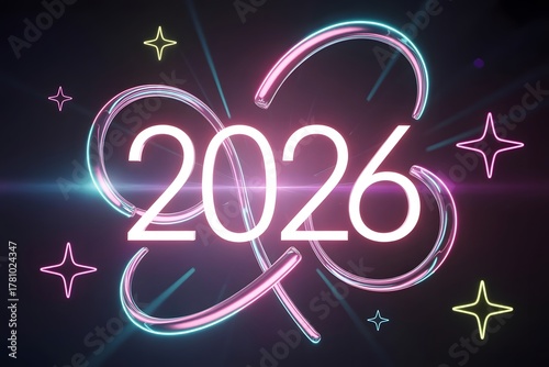 Exciting 2026 New Year Celebrations with Neon Lights and Sparkling Stars for Happy New Year Wishes and Future Projections, Year of the Future