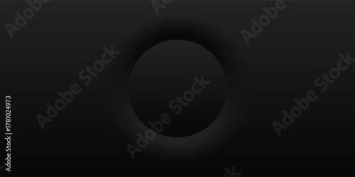 Monochromatic black design with a central pressed circle and soft gradient shadows.