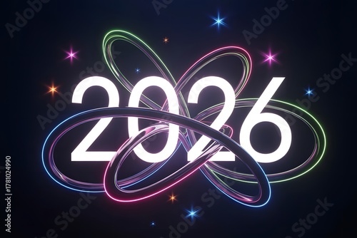 Celebrate 2026 with vibrant neon lights and sparkling stars for a modern New Year design that's perfect for your next project, event, or invitation