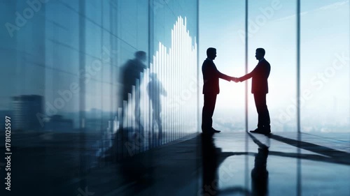 Silhouetted Businessmen Shaking Hands Against a Modern Office Backdrop with Graphs, Symbolizing Partnership, Success, and Professional Growth in a Corporate Environment