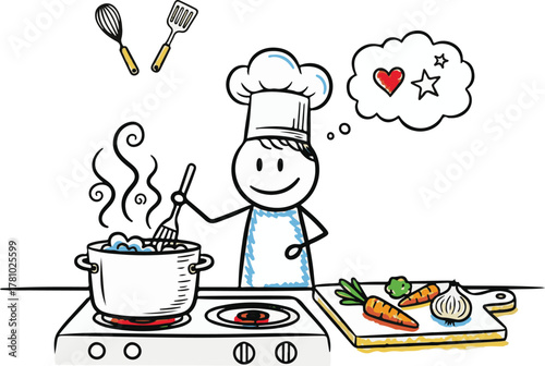 Cartoon chef stirring a pot on stove with vegetables and thought bubble Vector