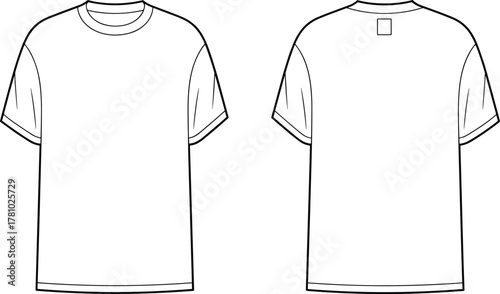 Blank oversized t-shirt front and back flat sketch vector illustration for fashion design template, unisex apparel outline mockup drawing