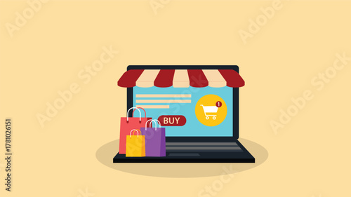  online shopping concept on laptop computer, e-shopping, and e-commerce, digital store with goods, vector flat graphic illustration
