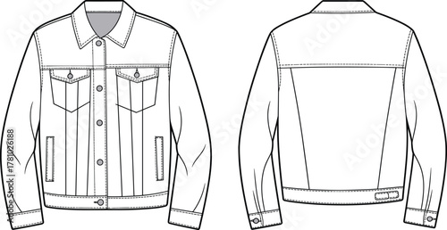 Flat technical fashion sketch of classic denim trucker jacket with front pockets, button closure, long sleeves, and unisex outerwear design