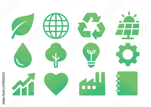 Eco-friendly icons: leaf, recycle, solar panel, tree, light bulb, growth graph