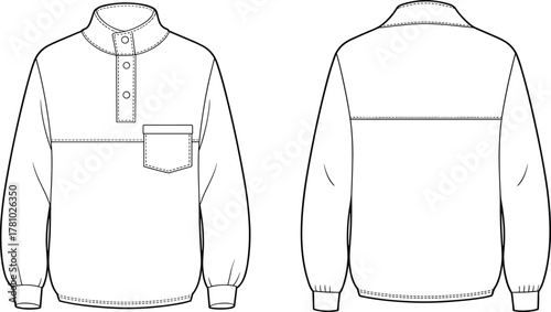 Flat technical sketch of men’s pullover fleece jacket with snap button collar, front pocket, long sleeves, and elastic cuffs design