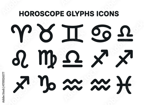 Horoscope glyphs icons: aries to pisces zodiac symbol set