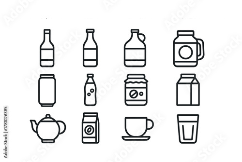 Outline icons of various bottles, cans, jars, and cups for kitchen use
