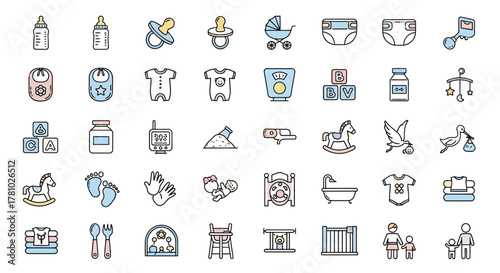 A colorful hand-drawn doodle icon set for baby care and newborn essentials. Line art illustrations of childcare items, toys, and furniture for infants and toddl