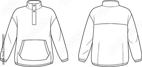 Flat technical sketch of men’s pullover fleece sweatshirt with snap button collar, kangaroo pocket, long sleeves, and elastic cuffs design