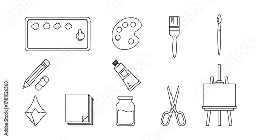 A minimalist set of black line art icons representing various art and craft supplies, including brushes, palettes, paint, and an easel.