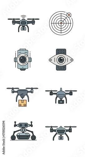 A modern line art icon set featuring quadcopter drones for delivery and surveillance, cameras, and a radar symbol.