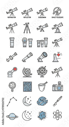 Astronomy Icons Set - Telescopes, Constellations, Planets, and Celestial Objects in Line Art Style.
