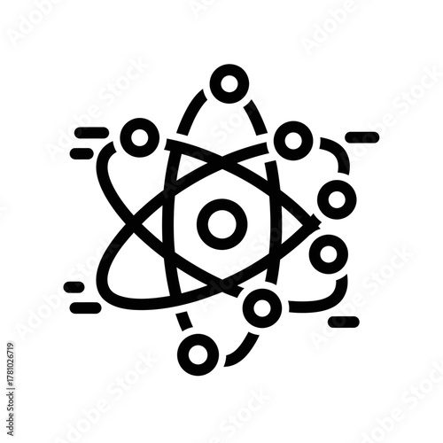 Black and white atom icon with orbiting electrons and nucleus symbol.
