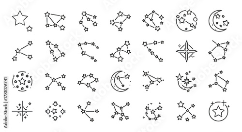 Black outline icon set of astronomical constellations, stars, and celestial symbols. Minimalist line art for astrology and space.