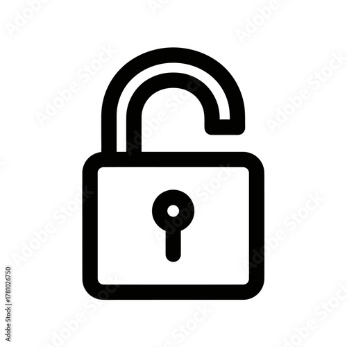 Bold black outline unlocked padlock icon, open shackle, keyhole detail, security symbol.