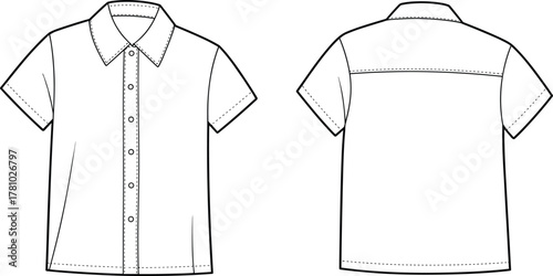 Flat technical sketch of men’s short sleeve button-up shirt with collar, front placket, back yoke, and casual summer design