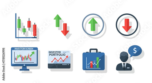 Collection of Colorful Financial Icons Representing Stock Market Trends and Analysis.