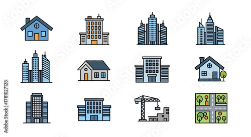 Collection of Diverse Architectural Building Icons Representing Various Structures.