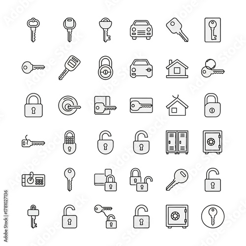Collection of Diverse Security and Access Icons Featuring Keys and Locks.