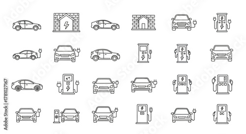 Collection of Electric Car Charging Station Icons and Vehicle Illustrations.